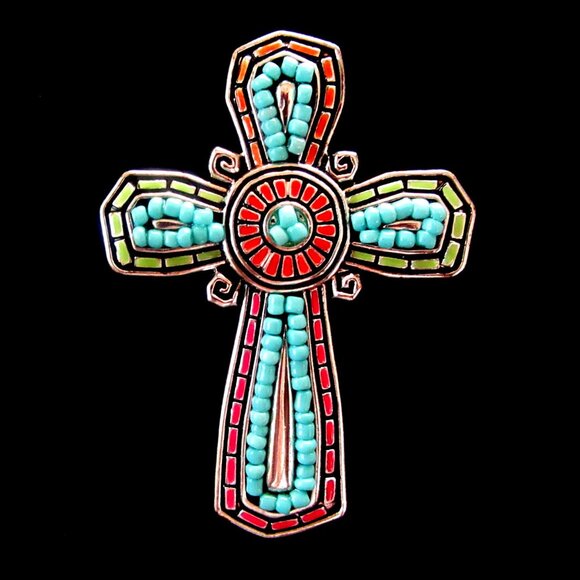 Large turquoise bead and red enameled cross pendant in  silver tone setting - Picture 1 of 7